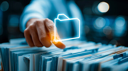 Business-Hand interagiert mit holografischen Datei-Ordnern &uuml;ber Laptop. Symbol f&uuml;r digitales Dokumentenmanagement, Cloud-Speicher, Archivierung, Suche, Compliance und Datensicherheit, modern, clean, 