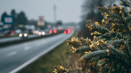 A rainy day witnesses vehicles traveling on a highway in the background. Close-up of evergreen branches with blooming yellow buds highlights the contrast between nature and urban life.