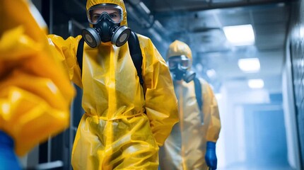 People yellow hazmat suit, gas mask, protective clothing, gloves, and boots walk through smoky industrial corridor, focused safety and emergency - Powered by Adobe