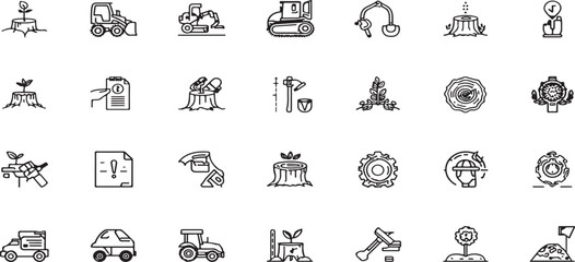 Fototapeta premium A Stump Service line icon set featuring thin, linear illustrations. The vector pictograms include a chainsaw, excavator, grinder, mulch, ant decomposition, helmet, gloves, and a planter.