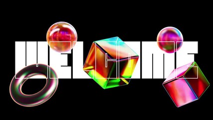 Futuristic 3D Shapes with Welcome Typography Animation. Abstract 3d background wallpaper with glass holographic transparent - Powered by Adobe