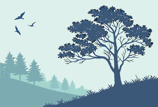 Baum und Vogel auf einem H&uuml;gel &ndash; druckbare Naturszene