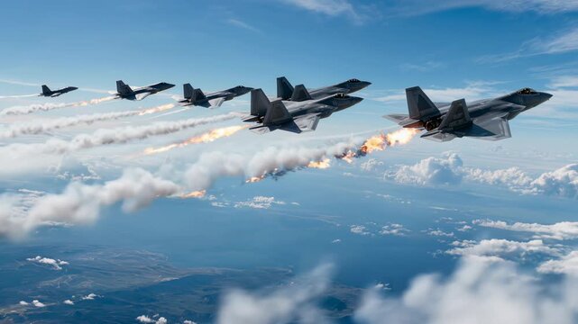 Fighter jets flying in formation releasing flares through the sky.