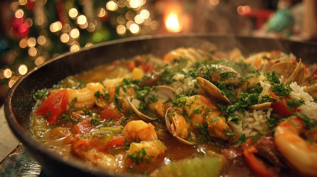 Guacho de mariscos, seafood stew with rice, vegetables, and herbs served steaming hot, with a softly glowing Christmas tree blurred behind