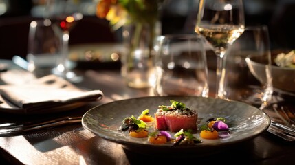 Gourmet dining experience upscale restaurant food photography elegant setting close-up culinary art