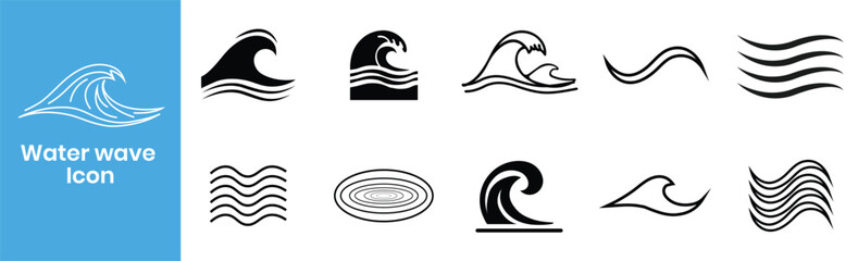Water wave icons set – line and solid ocean wave symbols, sea tide and ripple logo elements, vector
