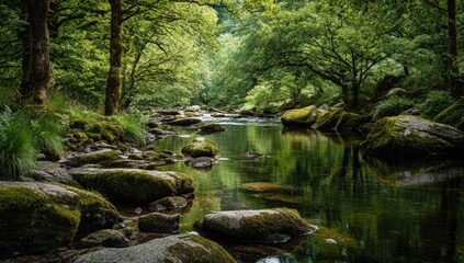 Obraz premium Serene river flowing through lush green forest