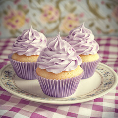 Lavender cupcakes with pastel frosting on vintage plate