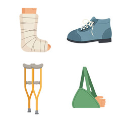 Bone fracture medical collection graphic, vector and illustration for Medical designs and illustration. Casts. hiking shoe, arm sling and crutches