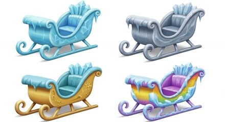Four colorful cartoon sleigh illustrations