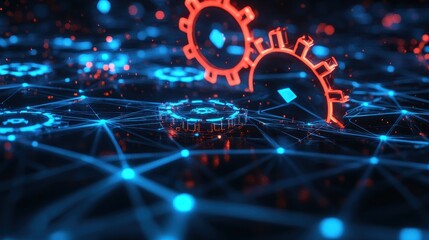 Neon network of connected gears floating in dark void, symbolizing AI driven business automation.