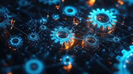 Obraz premium Neon network of connected gears floating in dark void, symbolizing AI driven business automation.