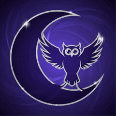 Elegant silver glitter owl silhouette with open wings on a mystical crescent moon against a deep blue cosmic background