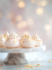 Fototapeta premium Rosewater meringue nests with edible gold flakes on marble stand