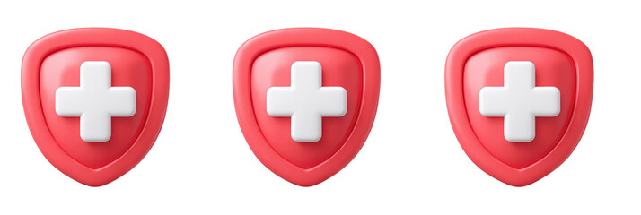 Obraz premium Three 3D renderings of stylized red medical protection symbols