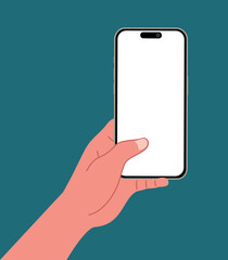 A hand using a smartphone with blank screen isolated on background Flat vector illustration. People chat, business time, using mobile apps, Contactless pay. Fingers touching, tapping, scrolling.