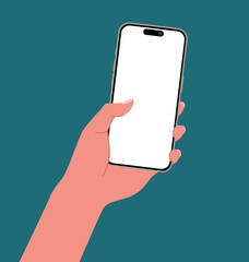 A hand using a smartphone with blank screen isolated on background Flat vector illustration. People chat, business time, using mobile apps, Contactless pay. Fingers touching, tapping, scrolling.