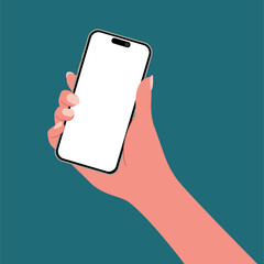 A hand using a smartphone with blank screen isolated on background Flat vector illustration. People chat, business time, using mobile apps, Contactless pay. Fingers touching, tapping, scrolling.