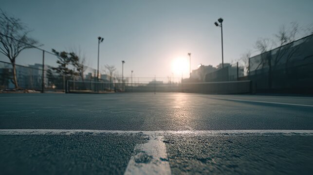 A serene tennis court at sunset, showcasing a tranquil atmosphere with silhouetted trees and soft lighting. - Powered by Adobe