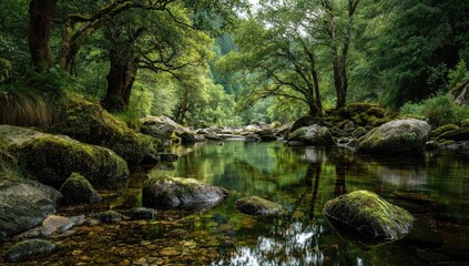 Obraz premium Serene river flowing through lush forest