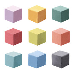 Nine pastel-colored cubes arranged in a grid.  Each cube has a slightly rough, textured surface
