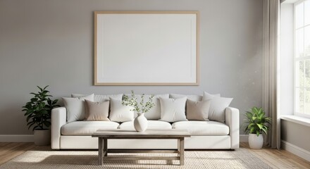 Modern living room with white sofa coffee table artwork and large window natural light
