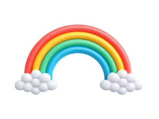 A colorful rainbow arch, rendered in a 3D style, sits atop two fluffy white clouds. The rainbow is composed of distinct, vibrant colored segments