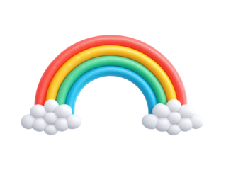 A colorful rainbow arch, rendered in a 3D style, sits atop two fluffy white clouds.  The rainbow is composed of  distinct, vibrant colored segments