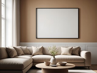 Cozy living room with sectional sofa and blank canvas art