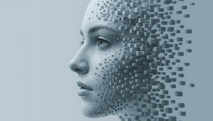 The face is turned in profile, facing to the right.
The right side of the face (nose, eyes, lips) is clearly defined and appears almost realistic, yet still retains a “digital” structure.
The left sid