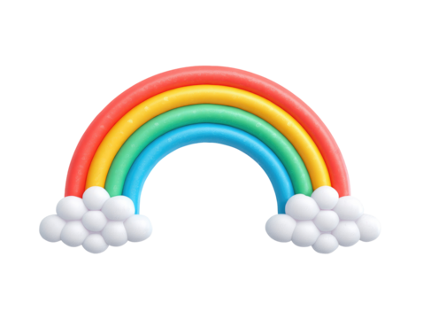 A colorful rainbow arch, rendered in a 3D style, sits atop two fluffy white clouds. The rainbow is composed of distinct, vibrant colored segments