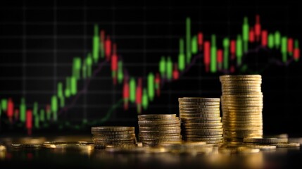 Stock market chart with rising green candlestick graph on digital screen, golden coins stacked in foreground, financial investment and trading concept, isolated on white background with copy space.