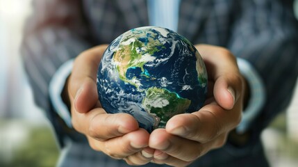 International Day for the Preservation of the Ozone Layer. Professional businessman's hands cupping a miniature Earth globe with visible atmosphere layers, modern office environment in soft focus back