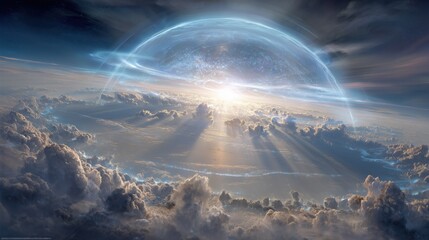 International Day for the Preservation of the Ozone Layer. Surreal painting of a giant transparent dome covering the planet Earth, protecting it from dangerous ultraviolet rays