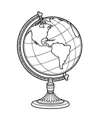 A black and white globe on a stand, showing continents and lines