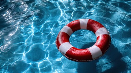 Naklejka premium Red and white life preserver floats in a blue pool
