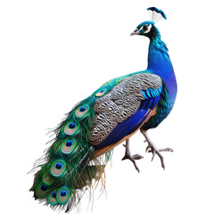 Obraz premium Stunning peacock with vibrant blue, green, and teal feathers. Displays regal stance