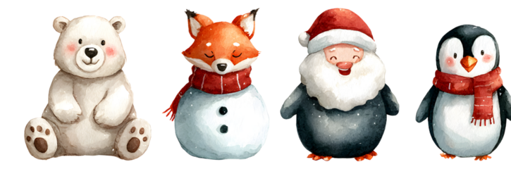 Set of watercolor characters isolated on white background. Polar bear, fox, penguin, snowman and Santa Claus.