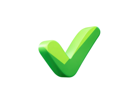 A vibrant, 3D stylized green checkmark against a black background.  The checkmark has a slightly rounded, playful form