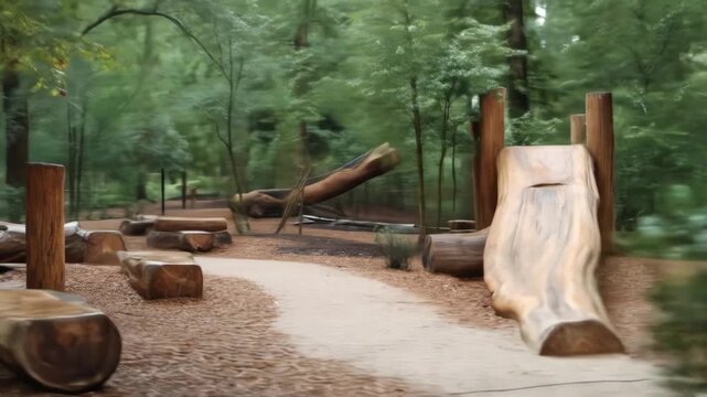 A wooden playset with a slide, log benches, and a pathway winds through a green forest, creating a natural playground