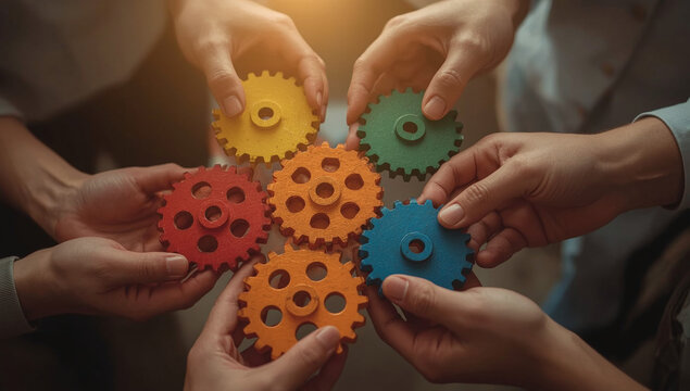Several people hold colorful wooden gears in their hands and connect them so that they form a single working system.
The gears are painted in bright colors — red, yellow, green, blue, and orange. Each