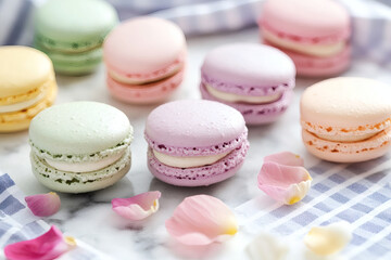 Obraz premium Pastel macarons arranged on marble slab with edible petals