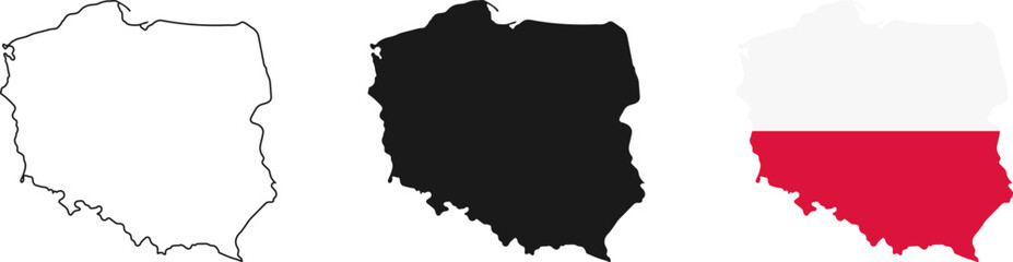 Poland map icon set. Poland map signs - outline, solid and Polish national flag