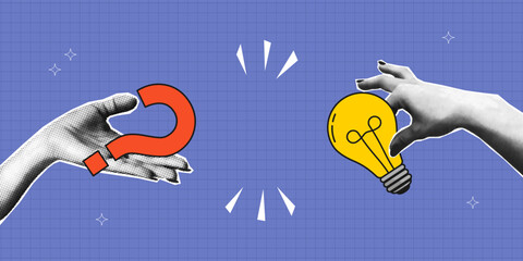 Collage problem solving and emergence of new idea concept. Halftone hand holds question mark and giving, receiving light bulb other hand. Collage design with halftone elements. Vector.