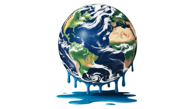 Global warming concept: Earth melting with dripping blue paint, climate change symbol