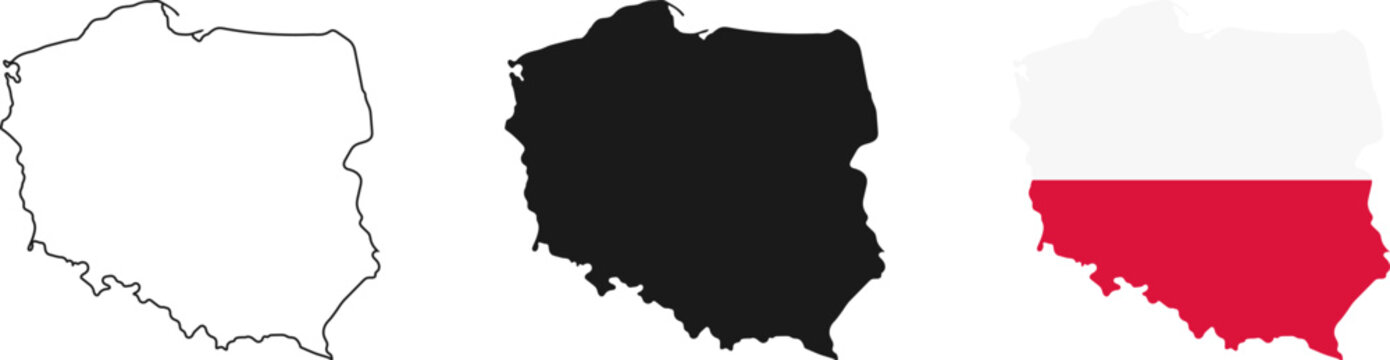 Poland map icon set. Poland map signs - outline, solid and Polish national flag