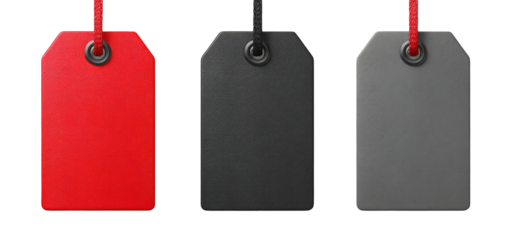 Three blank price tags, red, black, and gray