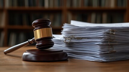 Wooden gavel and legal documents on a table