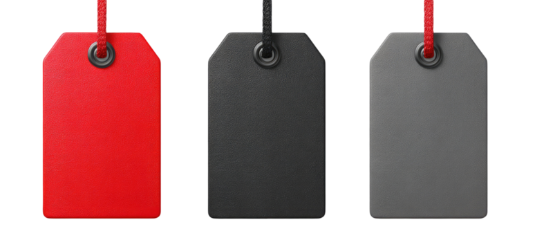 Three blank price tags, red, black, and gray