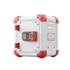 White cube safe with red accents, isolated